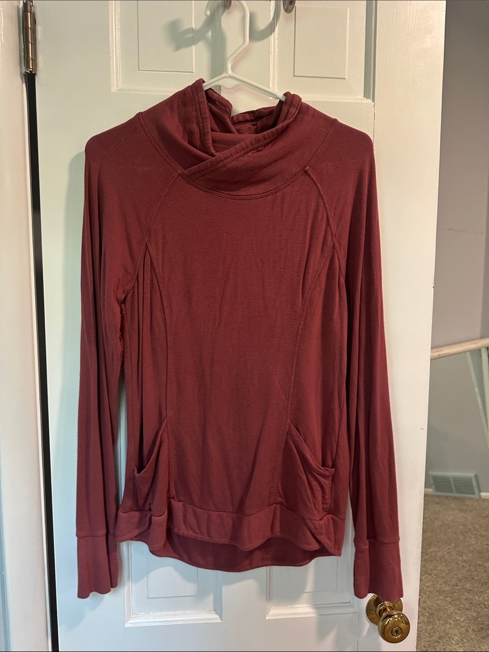 Yogalicious Women's Long-Sleeve Cowl Neck Pullover in Maroon